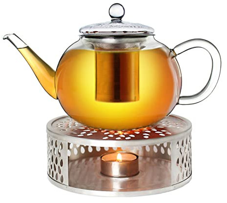 Creano Teekanne aus Glas 1,2l + EIN Stövchen aus Edelstahl, 3-teilige Glasteekanne mit integriertem Edelstahl Sieb und Glasdeckel, ideal zur Zubereitung von losen Tees, tropffrei