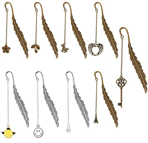 Dadabig 9PCS Marque-Page en Métal avec Pendentif Papillon 3D Plume Signets Marque de Livre Créatif Vintage Original Marque de Page pour Cadeau de Noël Lecteurs Cadeaux