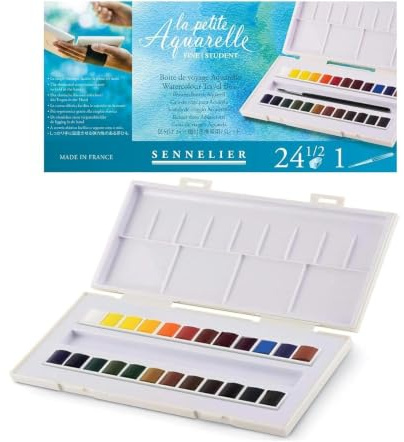 Sennelier Boîte de Peinture Aquarelle en Plastique, 24 couleur + Pinceau et 2 cartes postales aquarelles, FRANCE