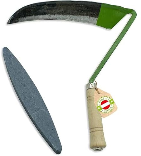 Kleine Sensensichel - Sichel mähfertig gedengelt inkl. gratis Schleifstein - mit Buchenholzstiel - für Rechtshänder - Hergestellt in Österreich