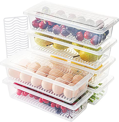 SOUJOY 6 Stück kühlschrank organizer, 1.5L Lebensmittelbehälter für den Kühlschrank mit Deckel, stapelbarer Obstaufbewahrungsbehälter mit abnehmbarer Abtropfplatte für Gemüse, Fleisch, Fisch frisch