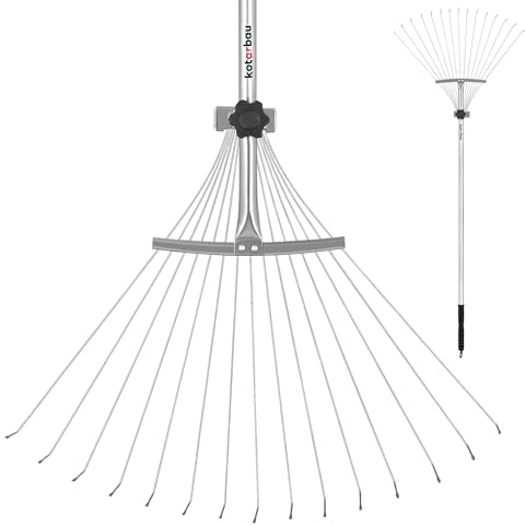 KOTARBAU® Laubrechen mit Stiel - Fächerbesen verstellbar - Arbeitsbreite 20 - 56 cm - Garten Besen mit Metallstiel - Laubbesen - Robustes Gartenwerkzeug - Stahl - Silber