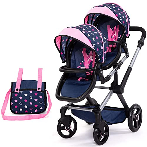 Bayer Design 26716AA Twin Xeo Cochecito de muñeca gemelas, Carrito Doble para muñecos, Altura Regulable, Ruedas Delanteras móviles, Bolsa