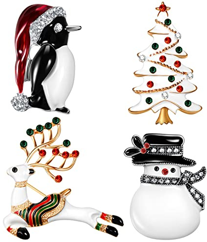 4 Broches de Navidad de Cristal Alfileres de Navidad de Esmalte de Solapa Pines de Ciervo Árbol de Navidad Broches de Diamantes de Imitación para Mujeres Niñas Adorno Ropa (Estilo Lindo)