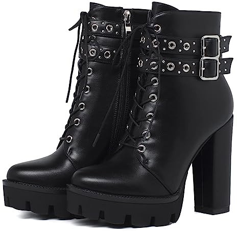 KiutSymo Gothic Ankle Boots For Women Studded Buckle Straps Chunky High Heels Platform Boots Lace Up Punk Combat Boots, Black, 9.5