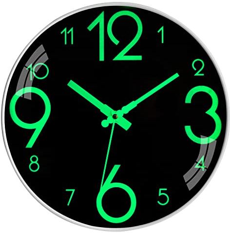 12 Inch Luminous Silent Wall Clock Non Ticking Large Outdoor Night Lights Black Wall Clock Glow In the Dark Wall Clocks for Bathroom Living Room Bedroom Garden Office Kitchen Modern Home Decor