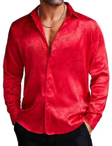 COOFANDY Mens Shirts Long Sleeve Floral Rose Printed Dress Shirts Prom Wedding Party Button Down Paisley Shirts Red XXL