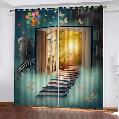 GIOVIA 3D Elefant Vorhänge Abdunkelnde Wald Schmetterling Kindervorhänge Vorhang mit ösen 2er Set Gardinen Blickdicht Verdunkelungs für Kinderzimmer Schlafzimmer Wohnzimmer B 110 X H 95 cm