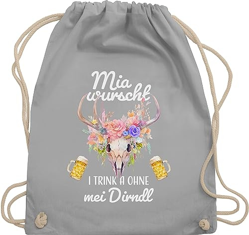 Turnbeutel Rucksack - Kompatibel mit Oktoberfest Tasche - Mia wurscht i trink a ohne mei Dirndl - Unisize - Hellgrau - trachtenrucksack bayrische auch me taschen trachtentaschen bayrisch ich beutel
