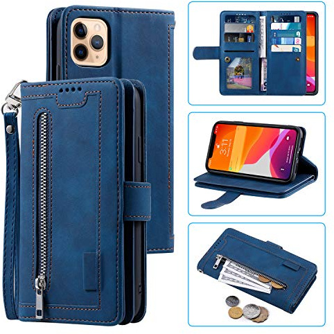 EYZUTAK Handyhülle für iPhone 15 Pro Max 6.7, Flip Case Lederhülle Reißverschluss Magnetverschluss Brieftasche mit 9 Kartenfächern Standfuntion Retro Matt Ledertasche-Blau