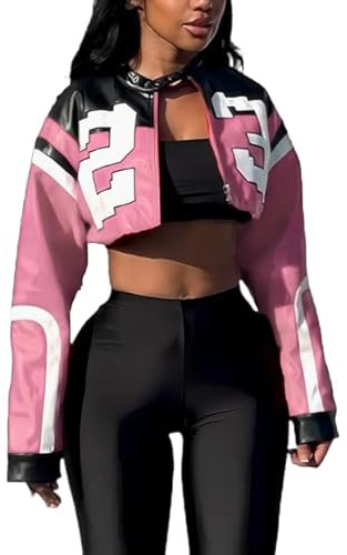 VOIKERDR Leather Jacket Cropped Jacket Motorcycle Jacket Y2K Letter Bomber Jacket Women Faux Leather Jacket Streetwear