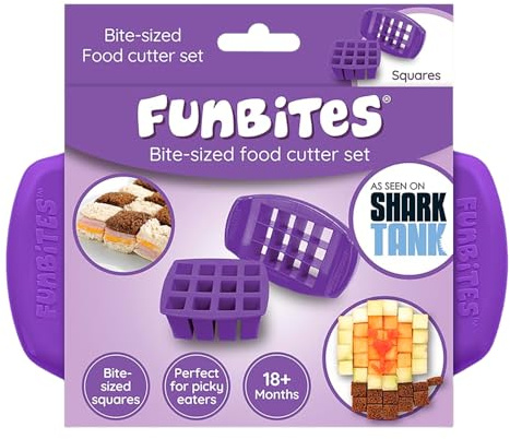 FUNBITES Food Cutter, Sandwich Cutter for Kids, Cuts Food into Bite-Size Shapes, Purple Squares | Purple Squares food cutter for toddlers, bite-size uncrustable shapes, bento lunch accessory, BPA-free, dishwasher safe