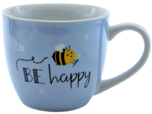 Maxi-XXL Kaffeebecher/Tasse aus Porzellan, XXL Kaffeepot, Motiv: Biene, BE happy, Größe H/Ø: 9,2 x 10,5 cm, Fassungsvermögen 400 ml, Spülmaschinengeeignet.
