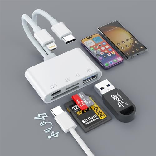 4 in 2 SD Kartenleser für iPhone/iPad, USB C/Lightning auf Micro SD/SD Kartenadapter mit SD MicroSD Type-C USB 4 Slots, Camera Card Viewer Speicherkartenleser für iPhone/iPad/Android/Kamera