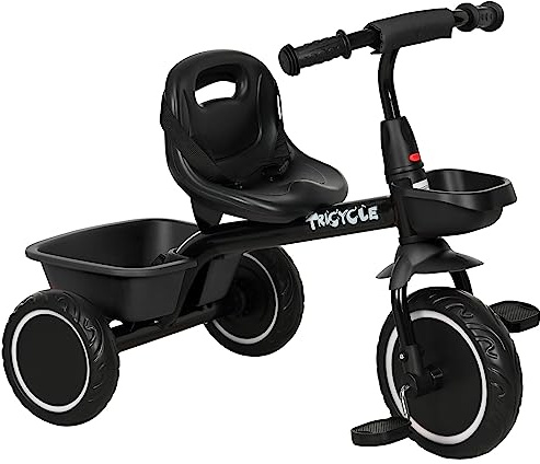AIYAPLAY Trike for Kids, Toddler Tricycle for 2 to 5 Years, with Adjustable Seat, Pedal, Front Rear Baskets, 3 Wheels Kids Bike Gift for Boys and Girls, Black
