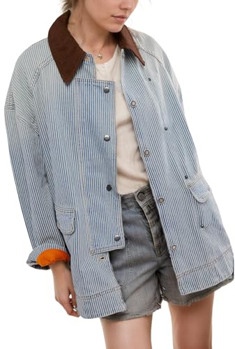 Kedera Damen Jeansjacke Gestreift Oversized Jeansjacke Langarm Button Down Damen Denim Mantel Trendy, Blau, M