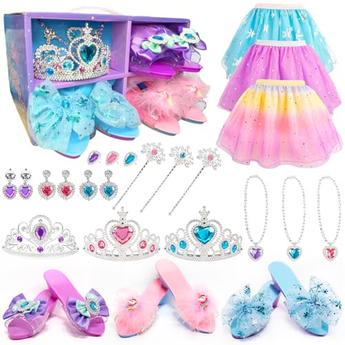 STAY GENT Princess Dress Up Costume Toys, Girls Dressing Up Set with 3 Pairs Princess Shoes, 3 Crowns Tiaras, 3 Skirts, Kids Fancy Dress Accessories Birthday Xmas Gifts for Girls 2 3 4 5 6