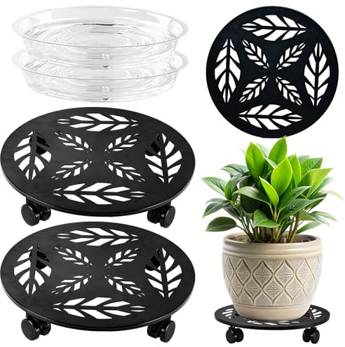 Planterhoma 2 Packs 14 Inch Rolling Plant Stand with Wheels Metal Plant Caddy with Wheels Heavy Duty Plant Rollers with Wheels Round Wrought Iron Plant Stand with Clear Saucers, Matte Black