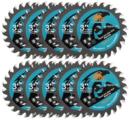 EXFEIN 75mm Disco da Taglio da 10PCS - Lama per Sega Circolare Compatta a Denti in Carburo 24T TCT, per uso Generale per Taglio in Legno, Plastica e Materiali Compositi, con foro da 9,5mm-11,12mm