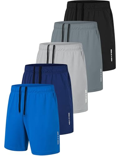 xtuwkzo Pantalones Cortos Hombre Deporte Gym con Bolsillos, Mens Shorts Deportivos Bermudas Hombre Pantalón Corto Deporte Pantalon Running, Pack de 5, Negro/Gris Oscuro/Azul Marino/Gris Claro/Azul L