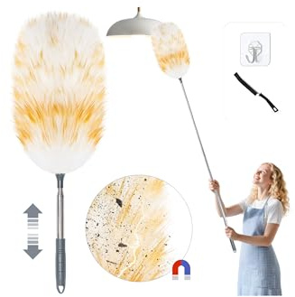 Loveco Plumero telescópico de Lana de Cordero, Lavable, Extensible hasta Aprox. 130 cm, absorción electrostática de Polvo para techos y Superficies delicadas, eliminación de Polvo sin