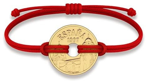 HOBBY OF KINGS Good Luck Coin Bracelet | Red String Thread Wristband | Spain 25 Pesetas | 18k Gold Plated Fortune Wealth & Protection | Size: M