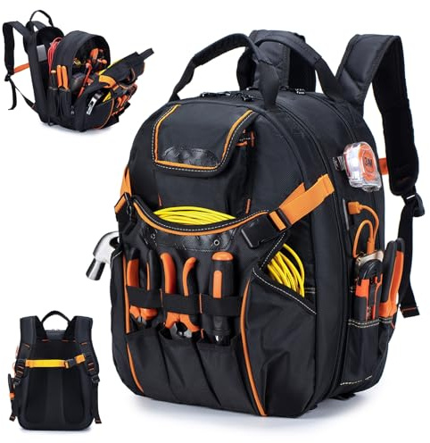 BAGZY Werkzeugrucksack Elektriker mit 17 Zoll Laptop -Abteil Oxford Wasserdichte Werkzeugsatz Rucksack mit USB-Anschluss Tragbar Herren Werkzeugtasche für Elektriker,Tischler,Bauarbeiter Orange