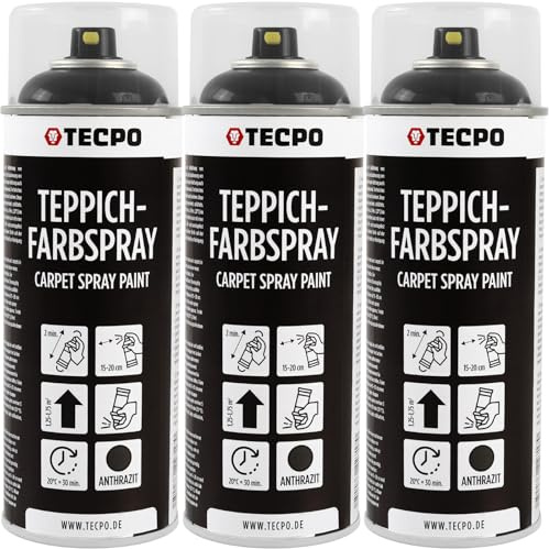 TECPO Spray de pintura para alfombras, 3 x 400 ml, color antracita, para alfombras, alfombrillas de coche, tejido de goma, plástico, tratamiento interior