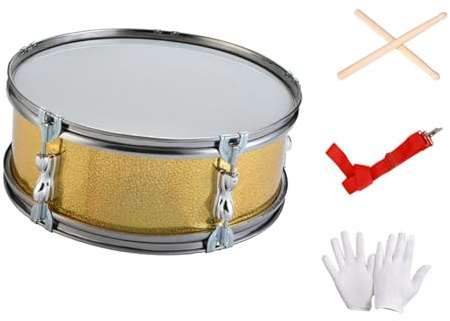 Fenteer 35 cm große Marching Snare Drum, Einzelklang-Übungstrommel, Polyesterfelle für Anfänger, Mehrzweck, mit Drumsticks und Handschuhen, Golden