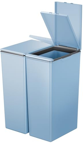 EKO Morandi Twin Pack (2 x 40L) Kitchen Bin with Touch-Top Lids, Plastic Double Bins with Recycling Stickers and Easy-Clean Finish, for Home or Office, Titanium Blue