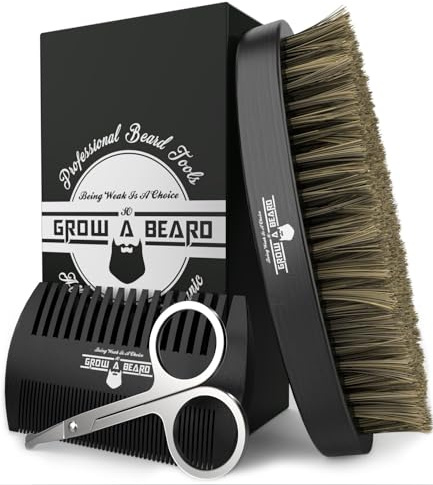 Beard Brush for Men with Beard & Mustache Comb Set, Beard Grooming & Care Kit, Natural Boar Bristle Brush, Dual Action Wood Comb, Stainless Steel Scissors, and Travel Bag, Great Fathers Day