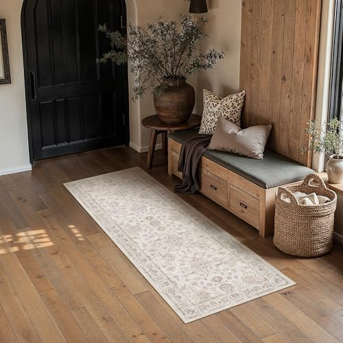 PureCozy Beige LäUfer Flur Teppich 60x180cm Küchenteppich Waschbar Teppiche | Weicher Kurzflor, Rutschfest, Pflegeleicht, Küche, Bettvorleger,Eingang ,Esszimmer,Schlafzimmer,Hallway