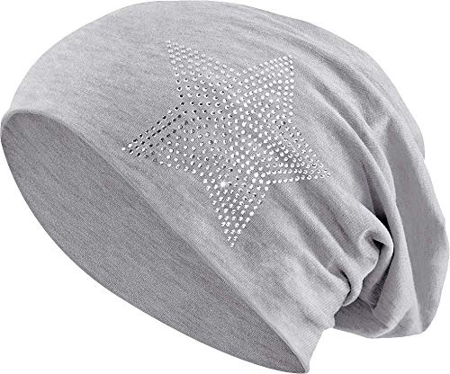 Jersey Bomull Elastisk Lång Slouch Mössa Unisex Män Damer med Rhinestone Star Stones Mössa Heather i 35 olika färger (2) (Heather Ljusgrå)