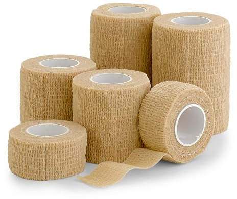 6 Pack, Self Adherent Cohesive Tape - 1 2 3 x 5 Yards Combo Pack, (Light Tan Shade) Self Adhesive Bandage Rolls & Sports Athletic Wrap for Ankle, Wrist, Sprains and Swelling - FDA Approved
