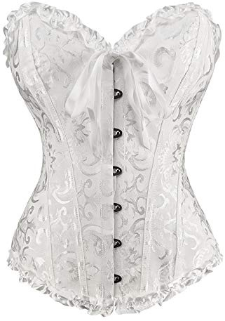 PAUSUNA Women Lace Up Floral Burlesque Basque Bustier Shaper Overbust Boned Corset Top (Floral White Top, 10)