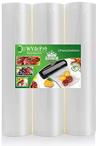 WVacFre 3 Pack 20x600cm Vacuum Sealer Rolls BPA Free Heavy Duty Sous Vide