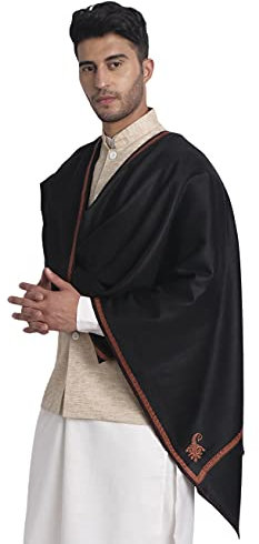 Zamour Kashmiri Woolen Shawl for Men with Kingri Embroidery, Pashmina Faux Wool Lohi Shawls for Winter (Black)