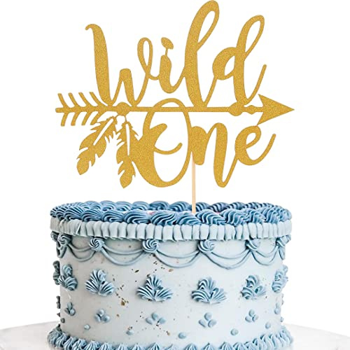 AmarYYa Wild One Cake Topper - Gold Glitter Boy or Girl 1st Birthday/Baby Shower Cake Decoration, Gold Glitter Baby ONE With Arrow Birthday Cake Topper, First Smash Cake Decoration…