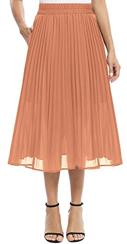 EXCHIC Mujeres Casual Gasa Elástico Cintura Alinear Plisado Midi Falda con Bolsillo (L, Rojo salmón)