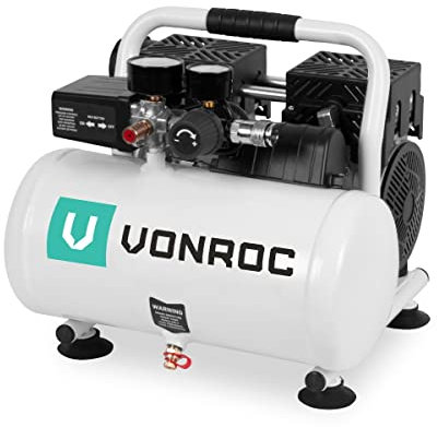 VONROC Compresseur d'air silencieux - 750W – 1HP- 128 l/min. - Sans huile - Réservoir 6L - 8 bar - 57,5dB(A) - Silencieux - Peu bruyant - Blanc