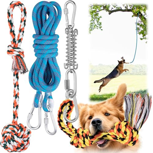 YES4QUALITY Dog Outdoor Bungee Hanging Toy, Blue Interactive Tug Toy Rope w/Metal Spring Kit & 2 Rope Toys, Heavy-Duty Exercise Equipment for Medium & Large Dogs, Tether Tug of War Dog Toys