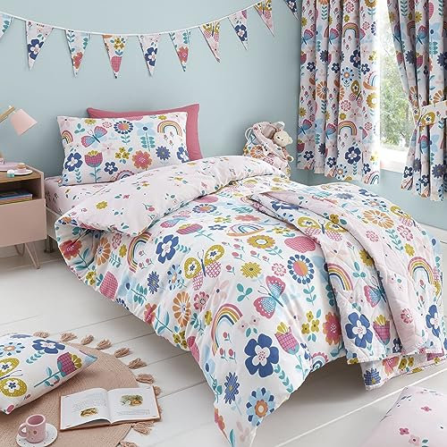 Happy Linen Company Girls Boys Kids Flower Garden Butterflies Multicolour Single Reversible Soft Easy Care Bed Linen Duvet Cover Quilt Bedding Set With Pillow Case