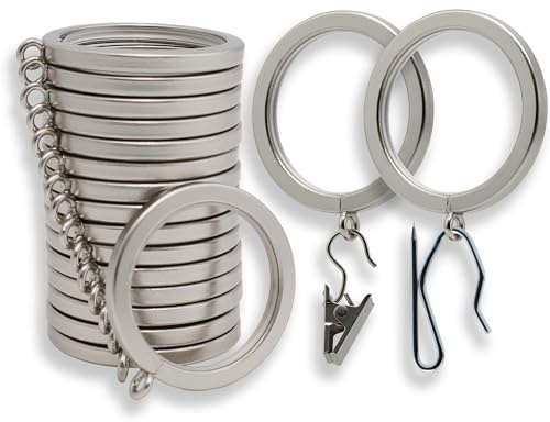 BlastHome® Luxury Curtain Rings – Premium Metal with Quiet, Smooth, Removable Nylon Inserts – Pinhooks and Clips Included – 1 1/2 Inside Diameter – 18 Rings for Two Standard Curtains– Brushed Nickel