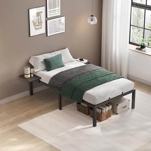 VASAGLE Marco de Cama, Estructura de Cama de Metal, con Estantes de Almacenamiento, Invitados, para Colchón de 90 x 190 cm, Fácil Montaje, Negro Tinta RMB091B01