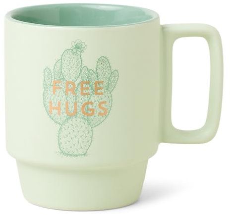 DesignWorks Ink Vintage Sass Stackable Decorative Coffee/Tea Ceramic Mug with Handle and Gold Foil Accents, Green Free Hugs Cactus, 12-Ounce/335ml
