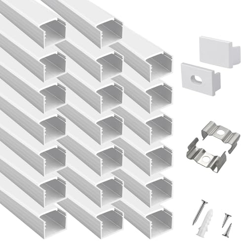 hunhun 20-Pack 6.6ft/ 2Meter Plus-Size U Shape LED Aluminum Channel System with Milky Cover, End Caps and Mounting Clips, Aluminum Profile, Special for Philips Hue