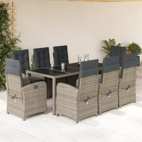 SECOLI Polyrattan Sitzgruppe Garten Essgruppe 8 Personen Rattan Gartenmöbel Set mit 8 Rattansessel Hochlehner Verstellbar Essgruppe Outdoor Gartengarnitur Sitzgarnitur Grau 9-tlg-Type-317
