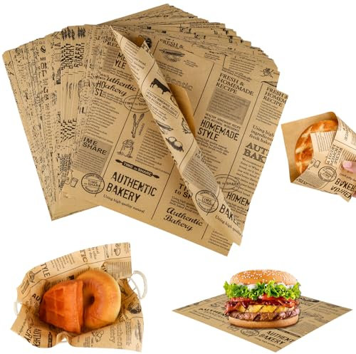 120 fogli di carta da forno effetto giornale, 22 x 22 cm, carta per hamburger grassi, carta per formaggi ecologica, antiaderente, per hamburger patatine e panini