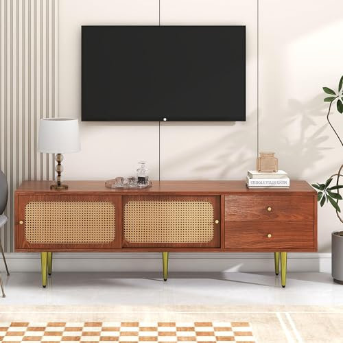 YCYDHDM TV-Schrank, für unter 80-Zoll-Fernseher, TV-Lowboard mit 2 Rattan-Schiebetüren und 2 Schubladen, TV-Möbel mit 4 Fächer zur Aufbewahrung, für Ihr Wohnzimmer Schlafzimmer, Braun