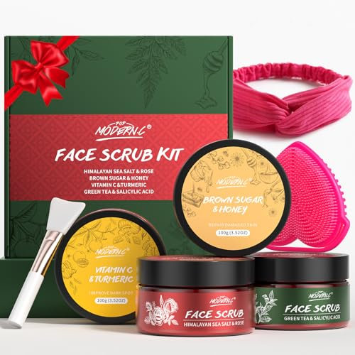 Coffret Cadeau Gommage pour le Visage, Nettoyant Exfoliant Visage, Gommage Visage Curcuma, Vitamine C, Sucre Brun, Miel, Thé Vert, Sel de I'Himalaya, Rose, Cadeaux de Noël et D'anniversaire 4x100g
